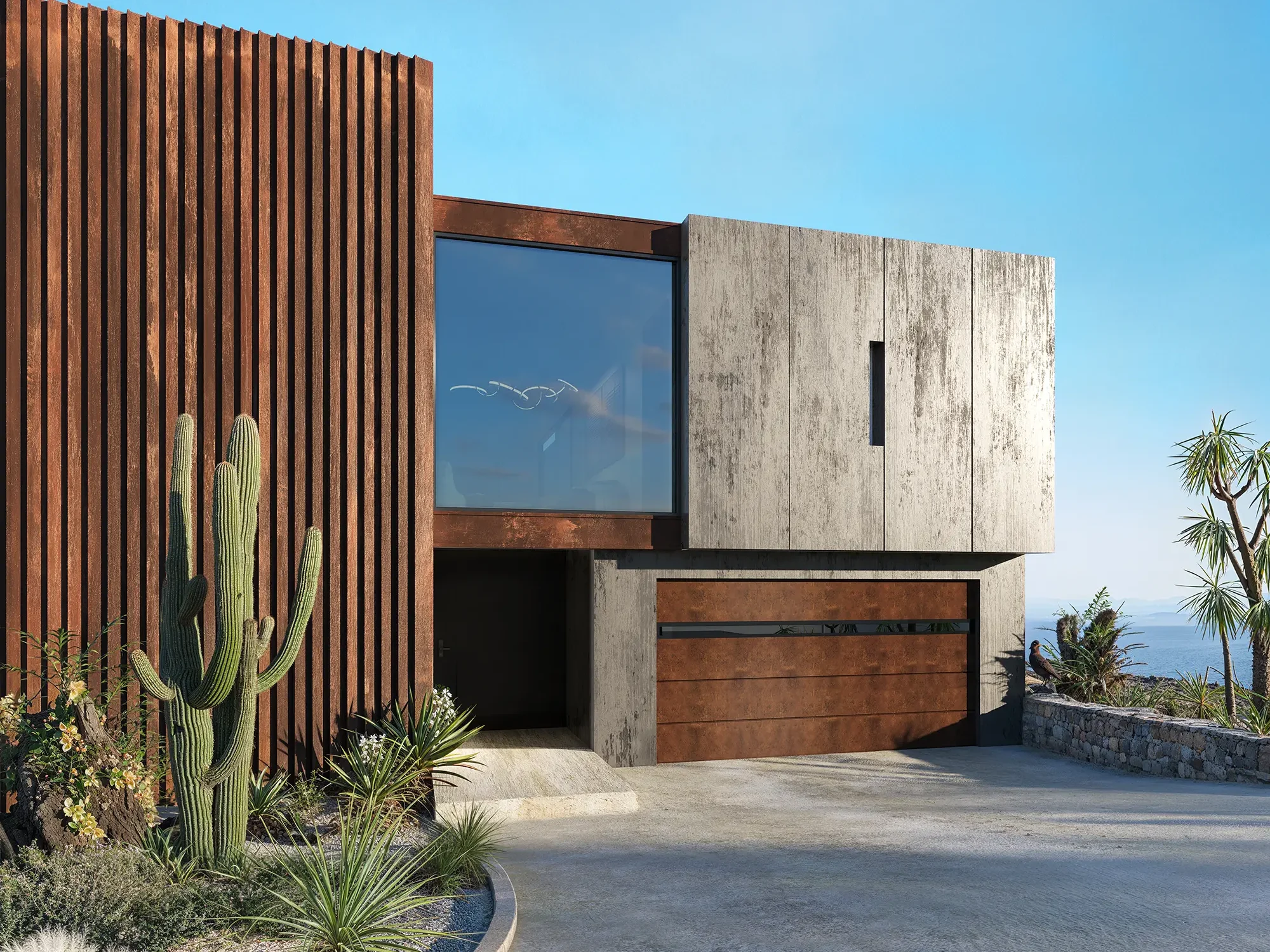 Modern house with a mix of wood slats and concrete, large windows, and a rust-colored garage door. Desert landscaping with cacti and succulents surrounds the driveway under a clear blue sky.