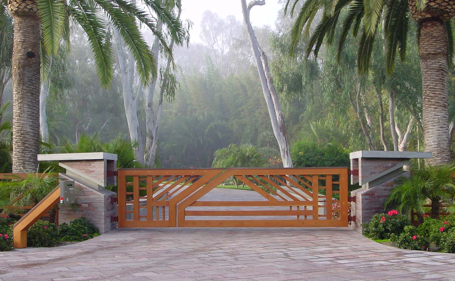 Drive Gates made from red cedar, clear heart redwood, mahogany,