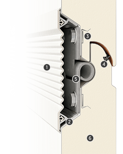 Sectional cross-cut of a garage door.